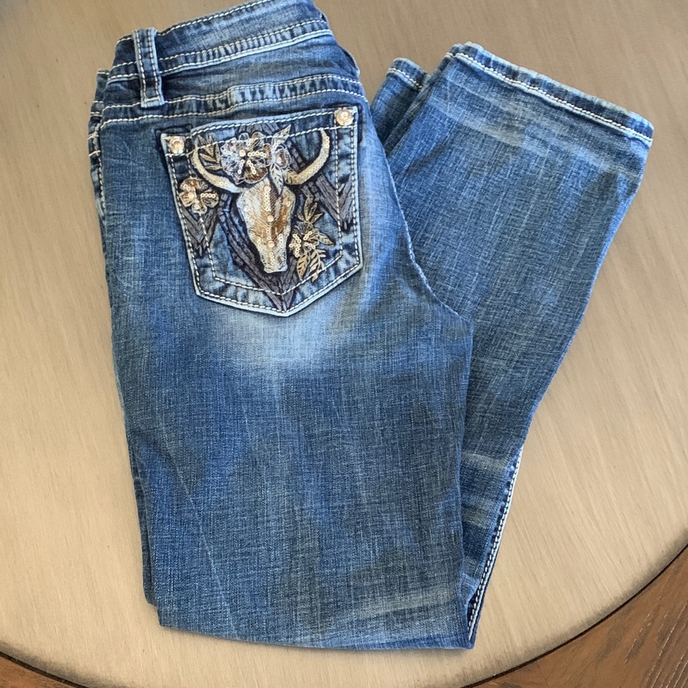 Miss Me Desert Longhorn Jeans Low-Rise Boot Embroidered Blue Jeans SZ 28